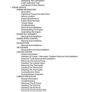 May include: A detailed list of engine service procedures, including calibration, engine information, and cooling system maintenance. The text is organized with bullet points and headings for easy navigation. Topics include sensor calibration, removal, and installation.