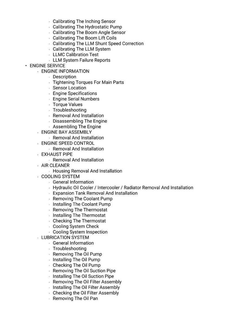 May include: A detailed list of engine service procedures, including calibration, engine information, and cooling system maintenance. The text is organized with bullet points and headings for easy navigation. Topics include sensor calibration, removal, and installation.