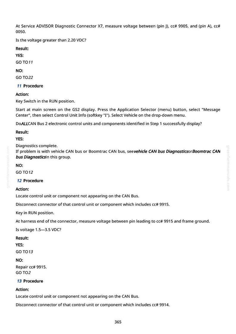 May include: A page from a manual with diagnostic instructions. Text includes steps for voltage measurement, connector identification, and troubleshooting procedures. The page is white with black text and includes the number 365.