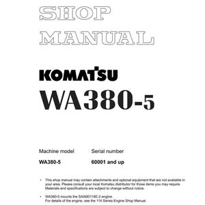 May include: A white shop manual with the text "SHOP MANUAL" in a bold, outlined font. The Komatsu logo and "WA380-5" are prominently displayed. Includes model and serial number information.