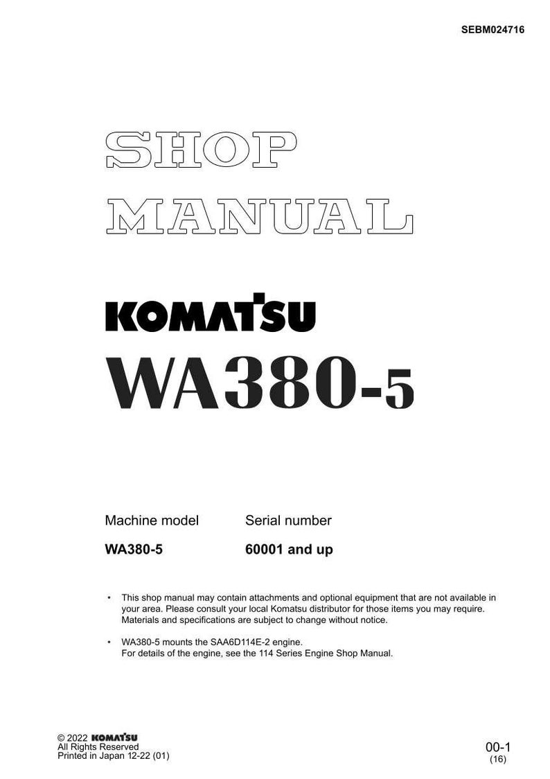May include: A white shop manual with the text "SHOP MANUAL" in a bold, outlined font. The Komatsu logo and "WA380-5" are prominently displayed. Includes model and serial number information.