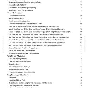 K&ouml;nnte beinhalten: Eine Seite aus einem Handbuch mit wei&szlig;em Hintergrund, die Themen wie "Maschinenspezifikationen", "Dieselkraftstoff" und "K&uuml;hlmittel-Gefrierpunktpr&uuml;fung" auflistet. Seitenzahlen sind rechts. Der Text ist schwarz.