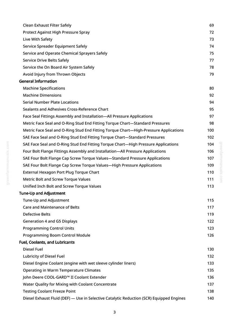 K&ouml;nnte beinhalten: Eine Seite aus einem Handbuch mit wei&szlig;em Hintergrund, die Themen wie "Maschinenspezifikationen", "Dieselkraftstoff" und "K&uuml;hlmittel-Gefrierpunktpr&uuml;fung" auflistet. Seitenzahlen sind rechts. Der Text ist schwarz.