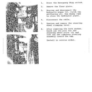 Puede incluir: Imagen en blanco y negro de una p&aacute;gina de manual que detalla los pasos para quitar e instalar una columna de direcci&oacute;n. El texto incluye instrucciones sobre la desconexi&oacute;n de tuber&iacute;as hidr&aacute;ulicas y la extracci&oacute;n de la placa del suelo.