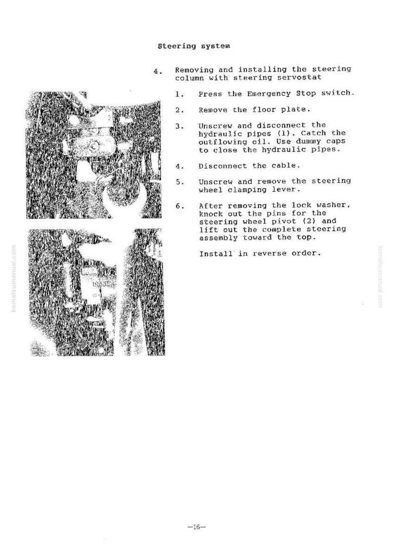 Puede incluir: Imagen en blanco y negro de una p&aacute;gina de manual que detalla los pasos para quitar e instalar una columna de direcci&oacute;n. El texto incluye instrucciones sobre la desconexi&oacute;n de tuber&iacute;as hidr&aacute;ulicas y la extracci&oacute;n de la placa del suelo.