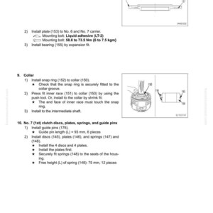 K&ouml;nnte beinhalten: Diagramm aus einem Handbuch, das die Demontage und Montage mechanischer Komponenten detailliert. Enth&auml;lt Illustrationen von Teilen wie Platten, Lagern und Sprengringen, mit Ma&szlig;en in Millimetern und Newtonmetern.