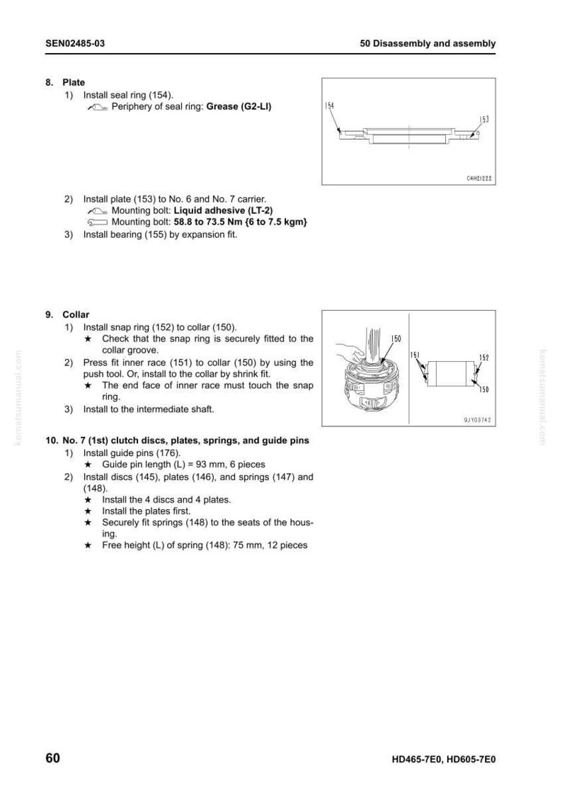 K&ouml;nnte beinhalten: Diagramm aus einem Handbuch, das die Demontage und Montage mechanischer Komponenten detailliert. Enth&auml;lt Illustrationen von Teilen wie Platten, Lagern und Sprengringen, mit Ma&szlig;en in Millimetern und Newtonmetern.