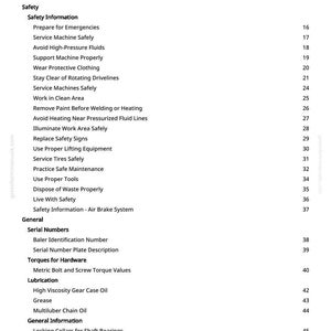 Puede incluir: Una p&aacute;gina blanca con una Tabla de Contenidos en negro. El documento enumera informaci&oacute;n de seguridad, incluidos temas como la preparaci&oacute;n para emergencias, el servicio de m&aacute;quinas y la evitaci&oacute;n de fluidos a alta presi&oacute;n. El documento tambi&eacute;n cubre temas generales y n&uacute;meros de serie.