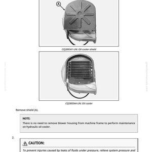 May include: Diagram of hydraulic oil cooler components, including the oil cooler shield and oil cooler. The image provides instructions for removing and installing the cooler, with a caution about fluid leaks.