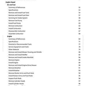 K&ouml;nnte beinhalten: Eine Seite aus einem Reparaturhandbuch mit Inhaltsverzeichnis. Die &Uuml;berschriften umfassen Allgemeine Spezifikationen, Motorreparatur, Luft und Kraftstoff und Motor. Die Seitenzahl ist 3.