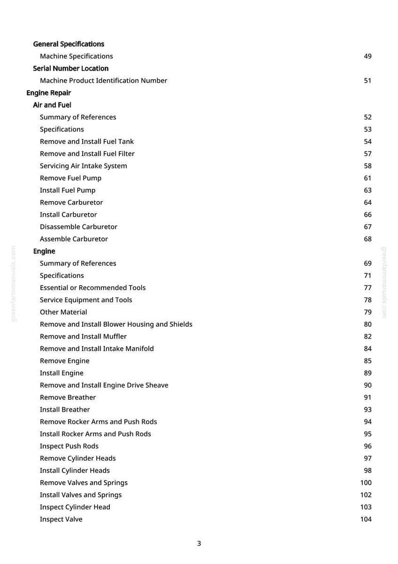 K&ouml;nnte beinhalten: Eine Seite aus einem Reparaturhandbuch mit Inhaltsverzeichnis. Die &Uuml;berschriften umfassen Allgemeine Spezifikationen, Motorreparatur, Luft und Kraftstoff und Motor. Die Seitenzahl ist 3.
