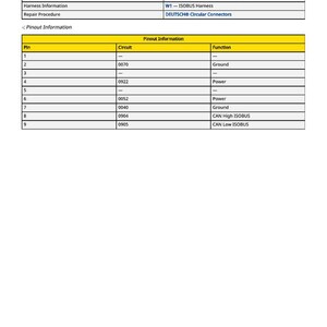 May include: A technical diagram with component and pinout information. The diagram includes details such as the number of pins, connection points, and harness information. The pinout section lists circuit and function details.