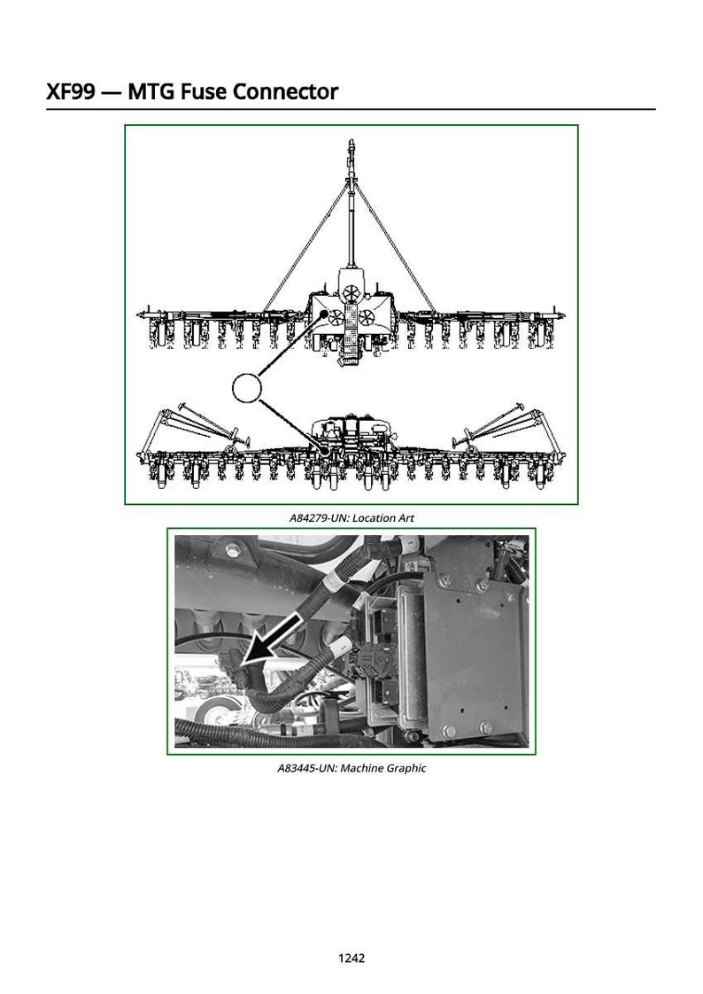 Op de afbeelding: Diagram van een XF99 - MTG zekeringconnector, met een gedetailleerde illustratie en een machinegrafiek. Het diagram toont de structuur en locatie van de connector. De afbeelding bevat de tekst "A84279-UN: Location Art" en "A83445-UN: Machine Graphic".