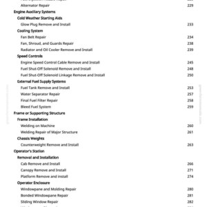 May include: A white page with a list of engine repair and maintenance topics, including fuel injection, cooling systems, and operator station procedures. The page includes a website address and page numbers.
