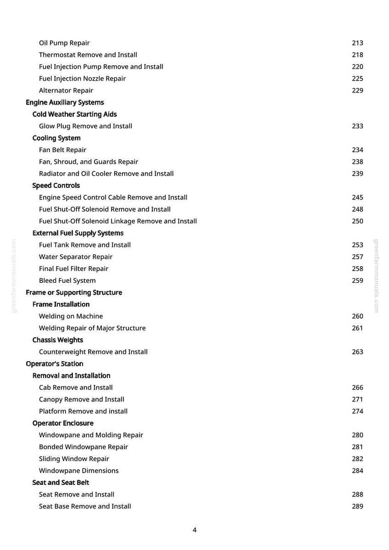 May include: A white page with a list of engine repair and maintenance topics, including fuel injection, cooling systems, and operator station procedures. The page includes a website address and page numbers.