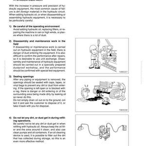 May include: Diagrams and text from a manual on hydraulic equipment maintenance. Illustrations show workers and machinery, with warnings about dirt and proper procedures. Includes the text "POINTS TO REMEMBER WHEN HANDLING HYDRAULIC EQUIPMENT".