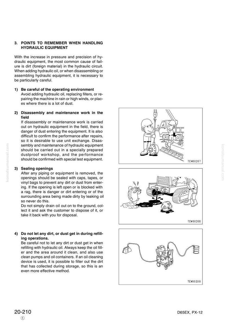 May include: Diagrams and text from a manual on hydraulic equipment maintenance. Illustrations show workers and machinery, with warnings about dirt and proper procedures. Includes the text "POINTS TO REMEMBER WHEN HANDLING HYDRAULIC EQUIPMENT".