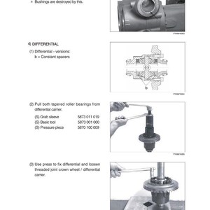 May include: Technical manual diagrams showing automotive differential components and procedures. Includes close-ups of parts, diagrams, and instructions for disassembly and assembly. Metric measurements are used.