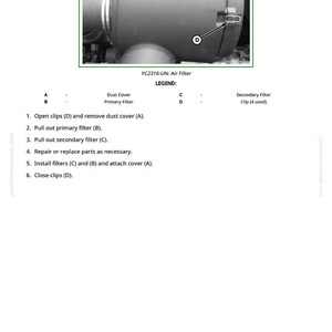 May include: A grayscale image of an air filter, model YC2316-UN. The image includes a diagram with labels for the dust cover, primary filter, and secondary filter. Instructions are provided for filter maintenance, including opening clips, removing covers, and replacing parts.