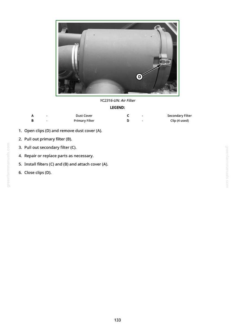 May include: A grayscale image of an air filter, model YC2316-UN. The image includes a diagram with labels for the dust cover, primary filter, and secondary filter. Instructions are provided for filter maintenance, including opening clips, removing covers, and replacing parts.
