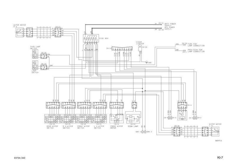 May include: Detailed black and white schematic diagram of an electrical system, featuring various components like switches, relays, and a fuse box. The diagram includes labels for different circuits and connections, with text at the bottom reading "0375A/3AD" and "90-7".