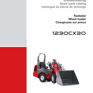 May include: A red and gray wheel loader with a black bucket, part of the Weidemann 1230CX30 series. The image is a catalog cover, featuring the Weidemann logo and text in multiple languages, including "Spare parts catalog."