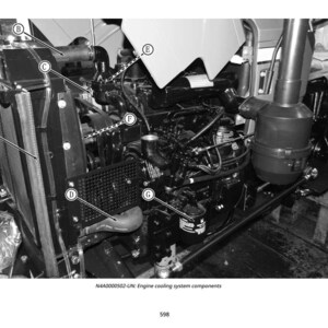 May include: Black and white image of an engine cooling system. The components include a radiator, hoses, and other mechanical parts. The text at the bottom reads: N4A0000502-UN: Engine cooling system components.