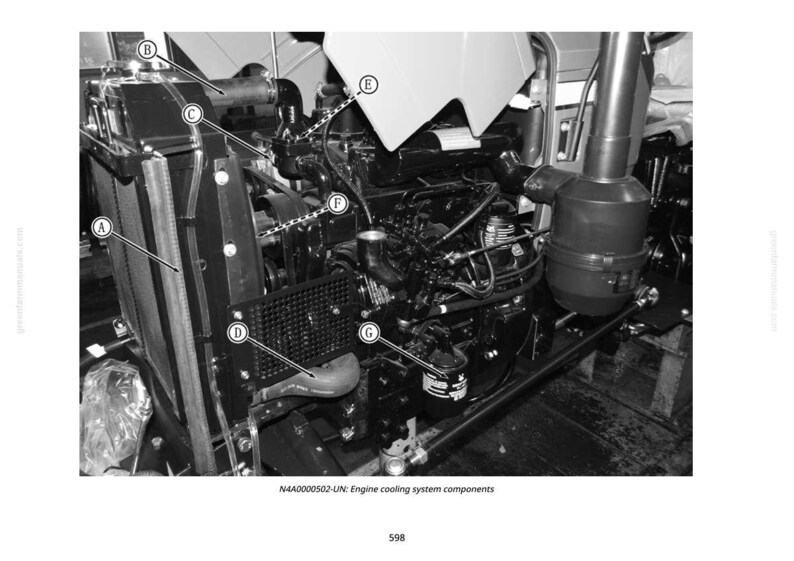 May include: Black and white image of an engine cooling system. The components include a radiator, hoses, and other mechanical parts. The text at the bottom reads: N4A0000502-UN: Engine cooling system components.