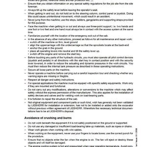 May include: A page from a manual with safety instructions and technical documentation. The text is in black font on a white background. The document includes warnings about machinery operation, safety gear, and avoiding injury.