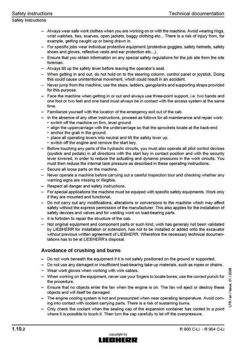 May include: A page from a manual with safety instructions and technical documentation. The text is in black font on a white background. The document includes warnings about machinery operation, safety gear, and avoiding injury.