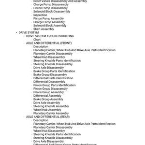 May include: A detailed list of automotive parts and procedures, including "Hydrostatic Pump," "Drive System," and "Axle and Differential." The text is in black font on a white background, providing a clear and organized layout for easy reading.