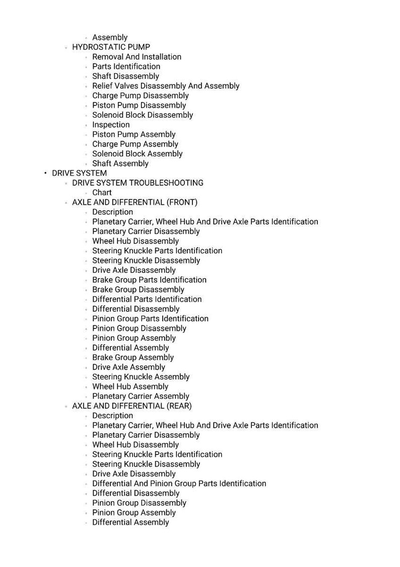 May include: A detailed list of automotive parts and procedures, including "Hydrostatic Pump," "Drive System," and "Axle and Differential." The text is in black font on a white background, providing a clear and organized layout for easy reading.