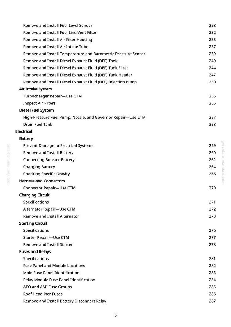 May include: A page from a manual with a list of automotive repair procedures, including fuel system, electrical, and starting circuit tasks. The text is black on a white background, with page numbers on the right.
