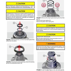 May include: Diagram from a service manual detailing the disassembly of a differential. The image shows various components, including snap rings, thrust washers, and bearings, with cautionary notes and warnings about potential hazards during the process.