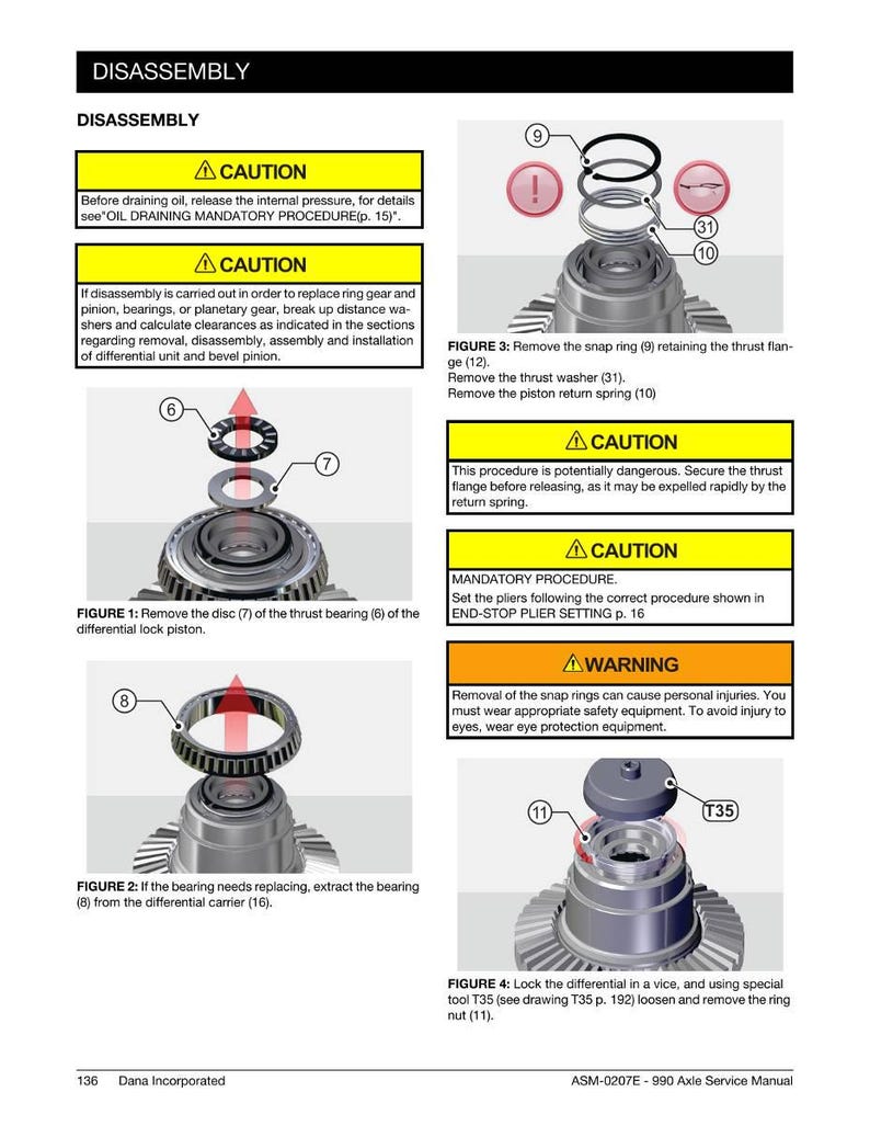 May include: Diagram from a service manual detailing the disassembly of a differential. The image shows various components, including snap rings, thrust washers, and bearings, with cautionary notes and warnings about potential hazards during the process.