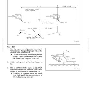 May include: Diagram showing the procedure for testing and adjusting travel deviation, with measurements in metres. Features a side view of a construction vehicle and instructions for inspection and setting the machine.