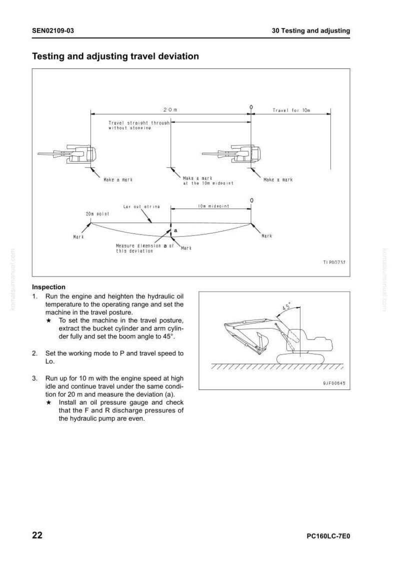 May include: Diagram showing the procedure for testing and adjusting travel deviation, with measurements in metres. Features a side view of a construction vehicle and instructions for inspection and setting the machine.