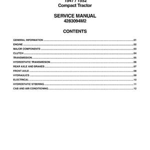 Op de afbeelding: Een servicehandleiding voor een Massey Ferguson 1547/1552 Compact Tractor. De omslag toont het Massey Ferguson-logo, modelnummers en de titel "SERVICE MANUAL". De inhoudsopgave bevat secties zoals "ENGINE", "CLUTCH" en "ELECTRICAL".