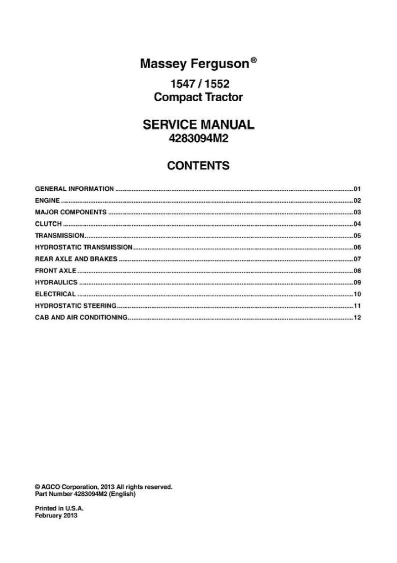 Op de afbeelding: Een servicehandleiding voor een Massey Ferguson 1547/1552 Compact Tractor. De omslag toont het Massey Ferguson-logo, modelnummers en de titel "SERVICE MANUAL". De inhoudsopgave bevat secties zoals "ENGINE", "CLUTCH" en "ELECTRICAL".