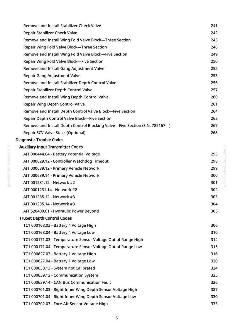 May include: A detailed list of diagnostic trouble codes and auxiliary input transmitter codes, including battery voltage, controller watchdog timeout, and network information. The document also lists TruSet depth control codes.