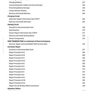 May include: A white-background page with a detailed table of contents for a manual. The table lists various repair procedures, including those for batteries, charging circuits, and starting circuits. Page numbers are listed on the right.