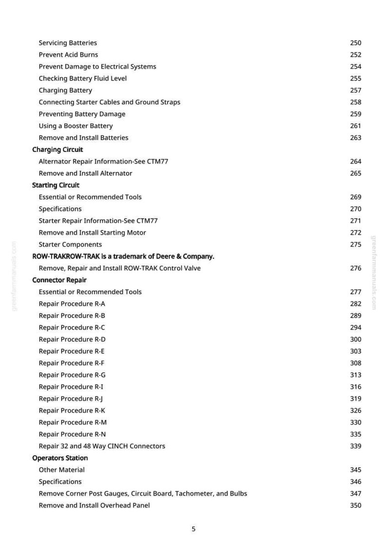 May include: A white-background page with a detailed table of contents for a manual. The table lists various repair procedures, including those for batteries, charging circuits, and starting circuits. Page numbers are listed on the right.