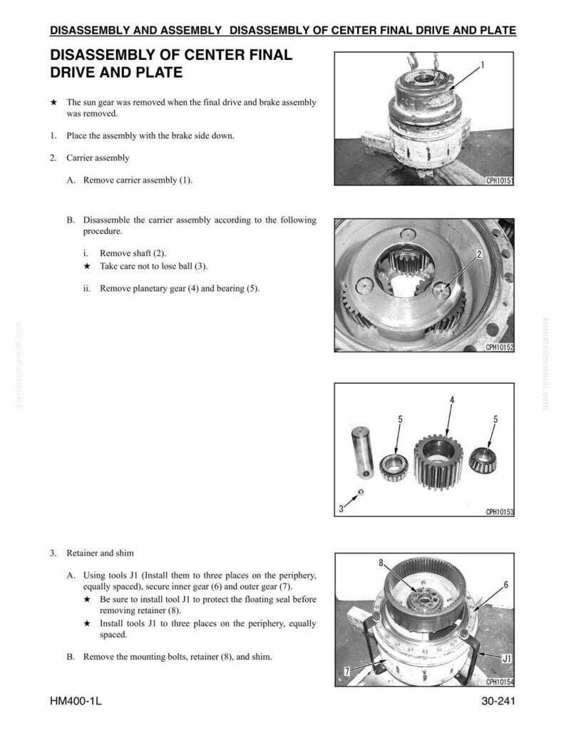 May include: Technical diagram illustrating the disassembly and assembly of a center final drive and plate. The image includes detailed steps, labeled parts, and diagrams for mechanical repair and maintenance. Text includes "DISASSEMBLY AND ASSEMBLY" and "HM400-1L".