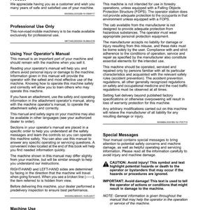 Op de afbeelding: Een handleiding voor een John Deere-product, met veiligheidsinformatie en bedieningsinstructies. Het document bevat waarschuwingen, voorzorgsmaatregelen en belangrijke opmerkingen voor een veilige bediening en onderhoud van de machine. De handleiding is voor professioneel gebruik.