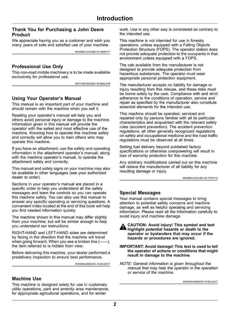 Op de afbeelding: Een handleiding voor een John Deere-product, met veiligheidsinformatie en bedieningsinstructies. Het document bevat waarschuwingen, voorzorgsmaatregelen en belangrijke opmerkingen voor een veilige bediening en onderhoud van de machine. De handleiding is voor professioneel gebruik.