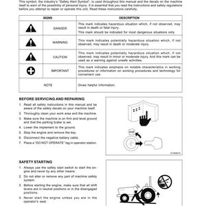 May include: A page from a manual titled "SAFETY FIRST" with safety symbols and instructions. The page includes warnings for danger, caution, and important notes, along with diagrams and safety procedures for servicing and starting a machine.