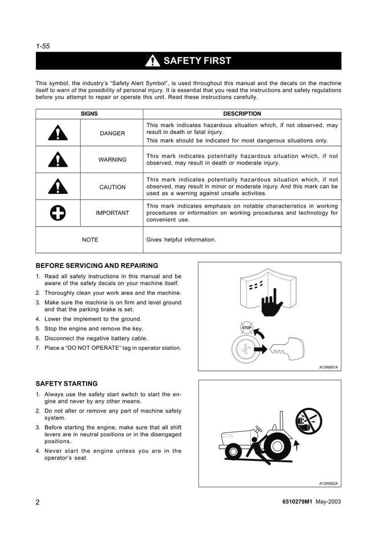 May include: A page from a manual titled "SAFETY FIRST" with safety symbols and instructions. The page includes warnings for danger, caution, and important notes, along with diagrams and safety procedures for servicing and starting a machine.