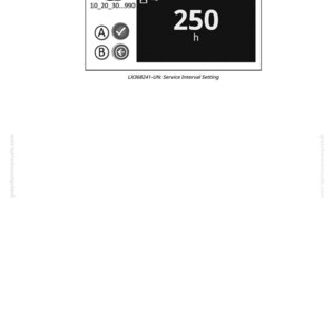 May include: A black and white image of a service interval setting display. The display shows a value of 250h, with options to adjust the interval. The text "Service Interval" is at the top. The model number LX368241-UN is also visible.