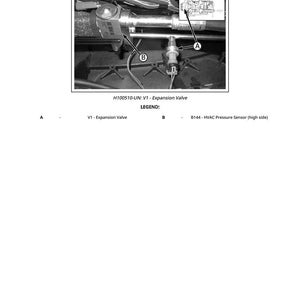 Pu&ograve; includere: Diagramma di una valvola di espansione, etichettata V1, con una vista ravvicinata e le chiamate A e B. &Egrave; presente anche il testo "H100510-UN: V1 - Expansion Valve". La legenda identifica la valvola e un sensore di pressione HVAC.
