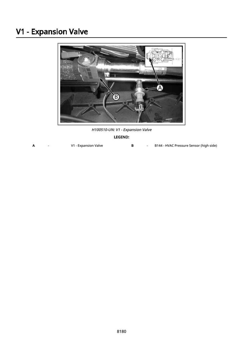 Pu&ograve; includere: Diagramma di una valvola di espansione, etichettata V1, con una vista ravvicinata e le chiamate A e B. &Egrave; presente anche il testo "H100510-UN: V1 - Expansion Valve". La legenda identifica la valvola e un sensore di pressione HVAC.